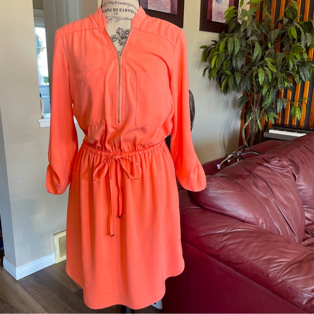 Dynamite Lined Orange Long Sleeve Tunic Dress with Waist Tie Size Small
